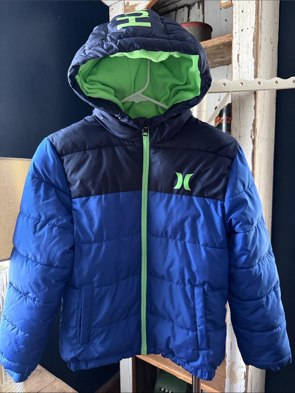 Hurley Blue and Navy Puffer Jacket with Lime Accents